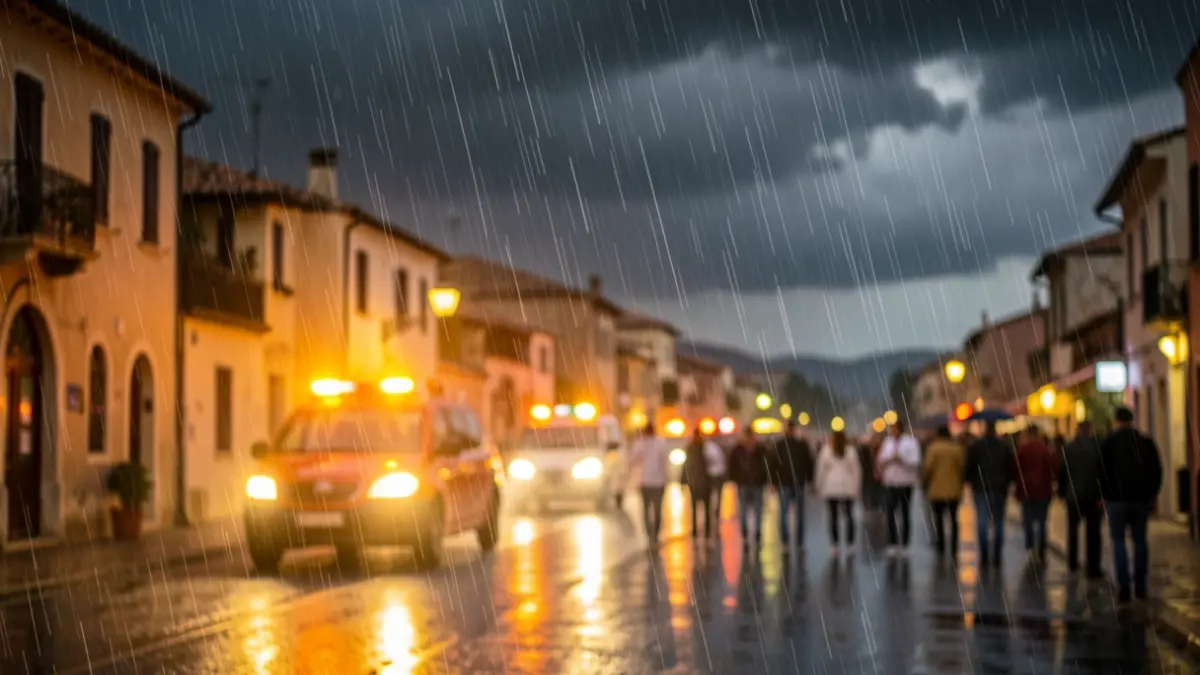 Generic image of a stormy sky over a Mediterranean city with heavy rain and blurred yellow and orange emergency lights.
