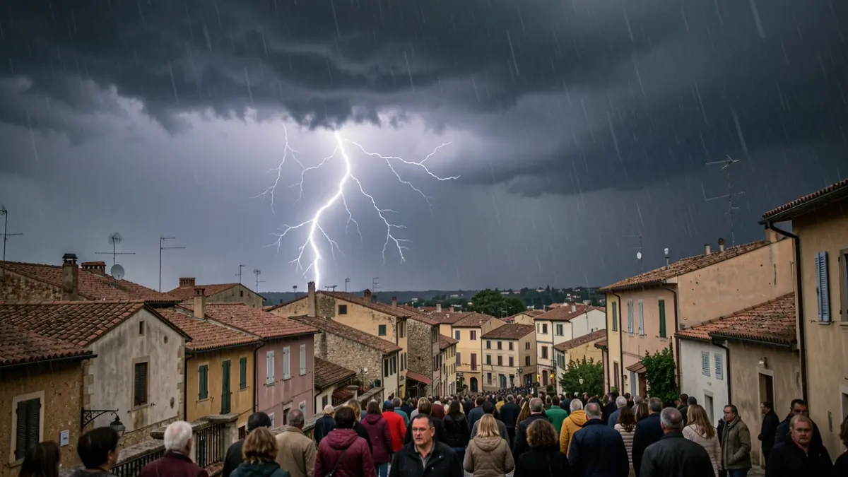 Generic image of a storm with rain and lightning over a Mediterranean town.