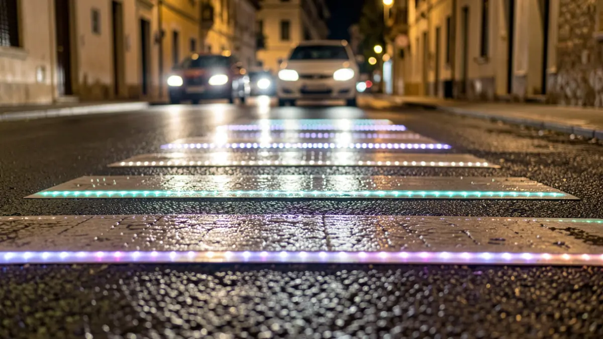 Imagen genérica de un paso de peatones inteligente iluminado de noche.