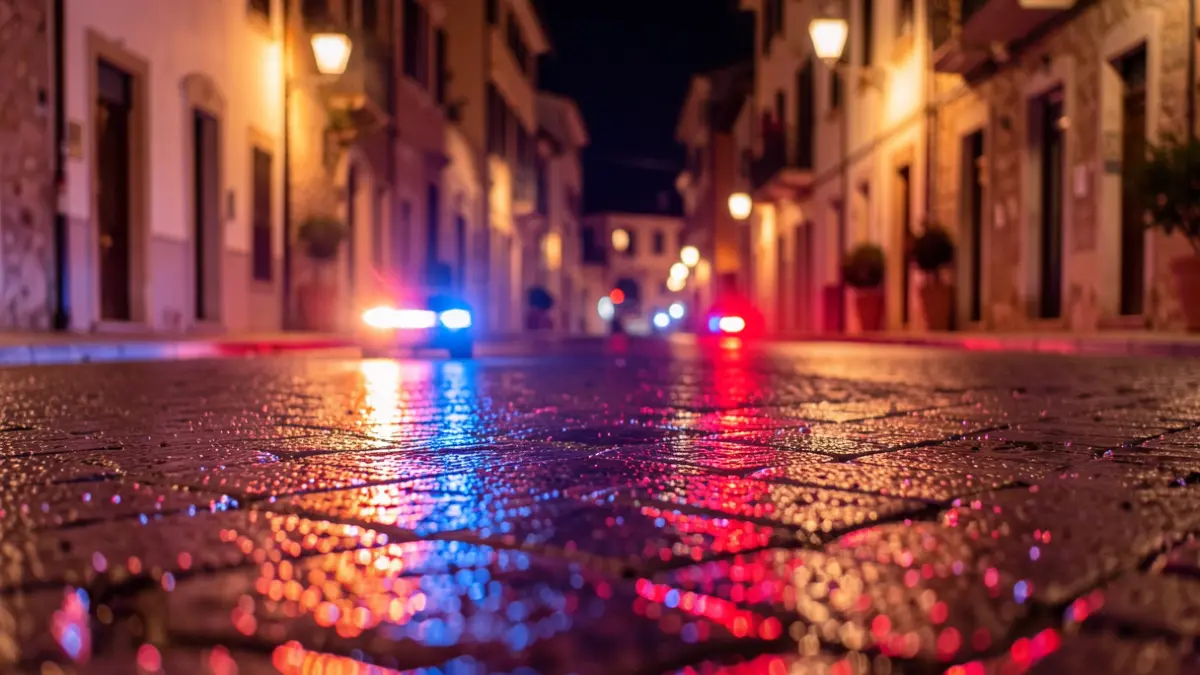 Imatge genèrica de llums d'emergència reflectint-se en asfalt mullat de nit, amb poca profunditat de camp i ambient urbà mediterrani.