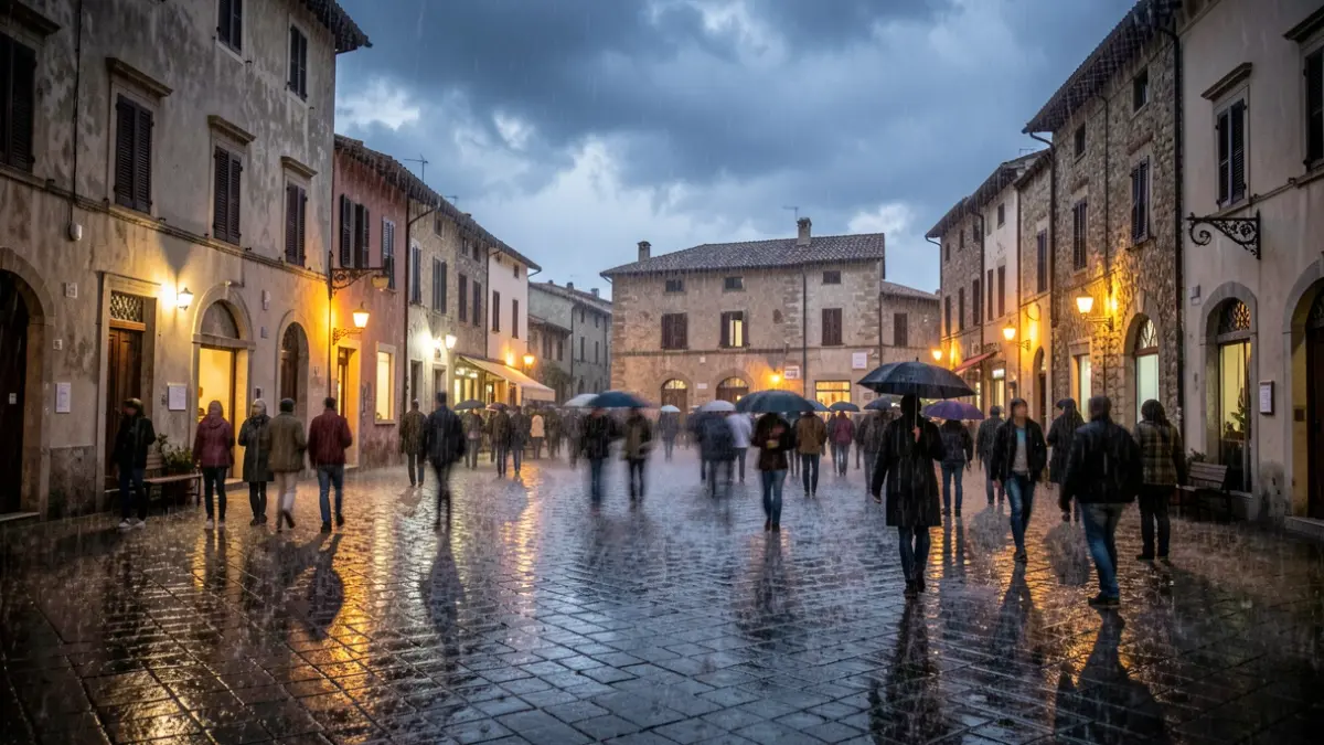 Imatge genèrica de pluja intensa caient en una plaça de poble mediterrani al capvespre, amb els carrers humits i figures borroses.