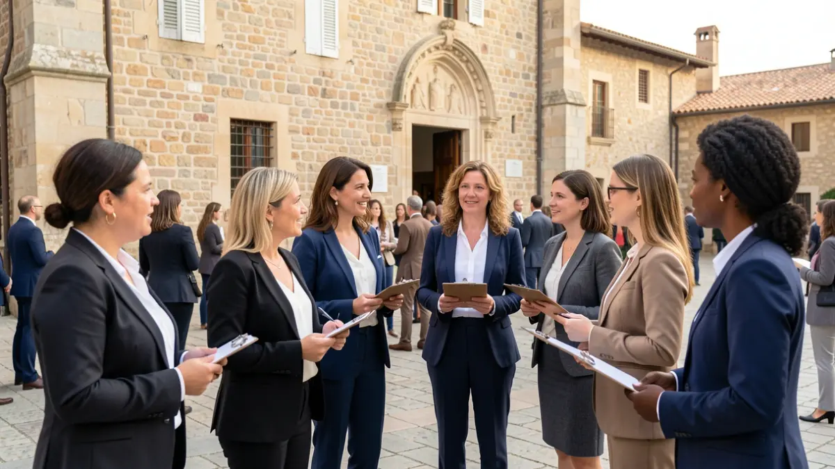 Imatge genèrica de dones amb indumentària professional discutint davant d'un edifici històric de pedra amb arquitectura mediterrània.