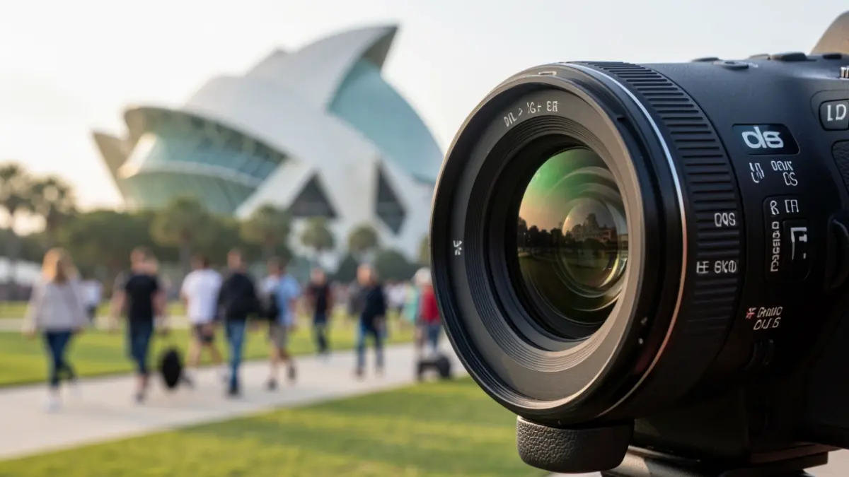 Imagen genérica de un objetivo de cámara fotográfica con un parque urbano al fondo.