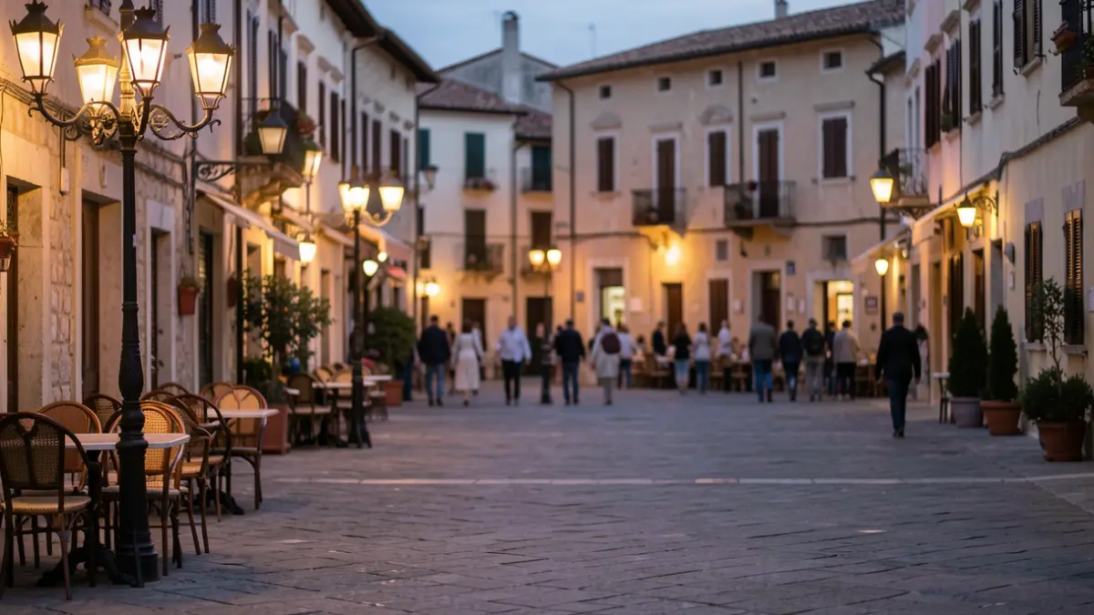 Imatge genèrica d'una plaça de poble mediterrani al capvespre, amb fanals que il·luminen el paviment de pedra.