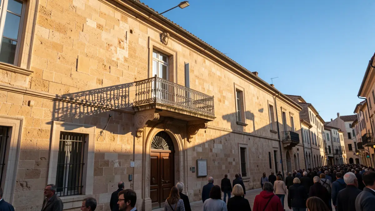 Imatge genèrica d'un edifici municipal amb balcó i baranes de ferro, il·luminat per la llum càlida de la vesprada.