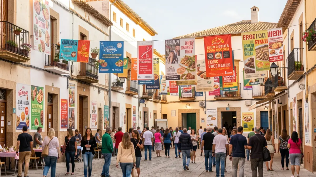 Imagen genérica de una plaza de pueblo valenciano con elementos promocionales.