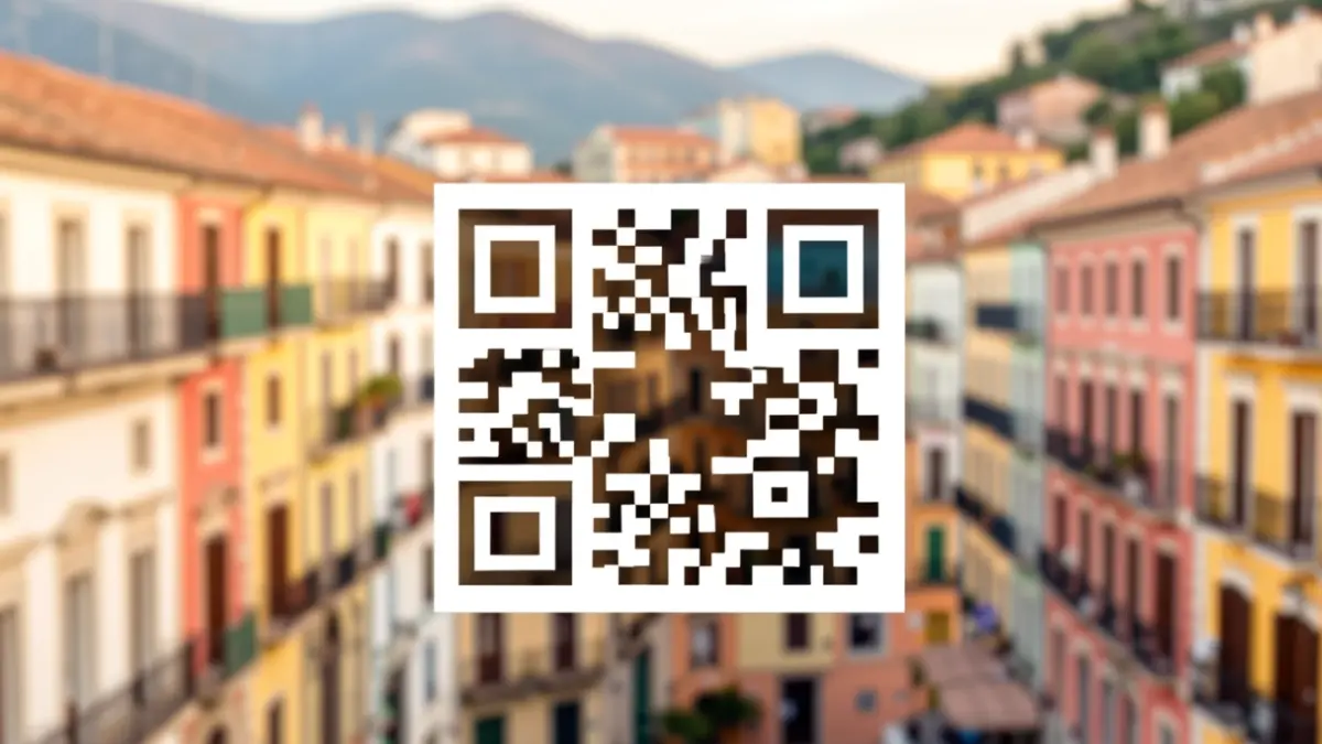 Imagen genérica de un código QR integrado en un paisaje urbano moderno, representando la innovación tecnológica en Alcoy.