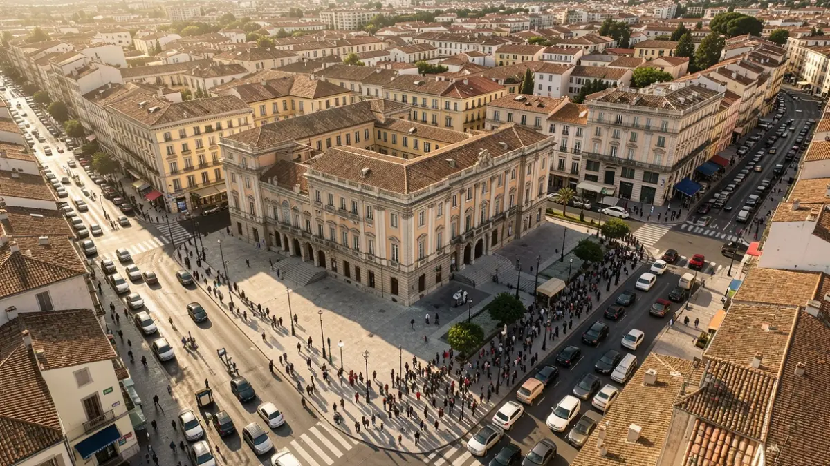 Generic image of a Mediterranean city with a prominent municipal building and moderate traffic.