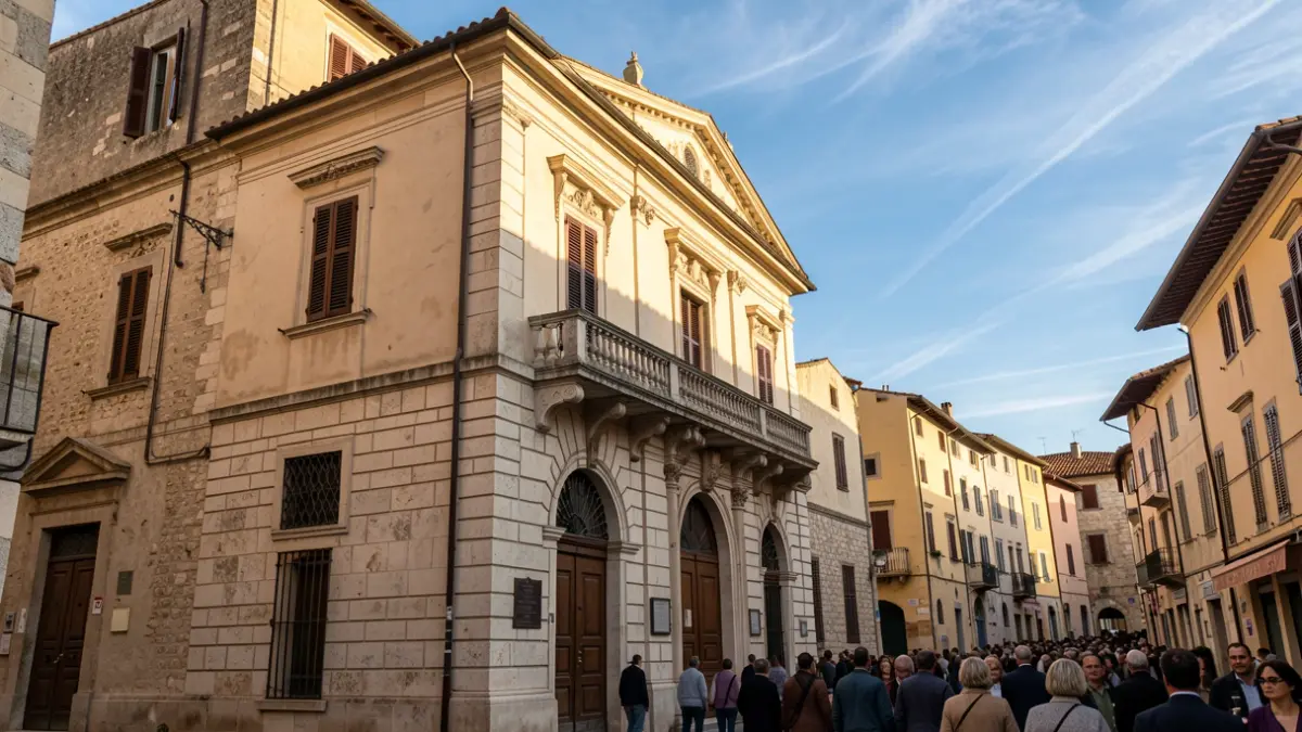 Generic image of a municipal building with a balcony and stone details, under a blue sky with evening light.
