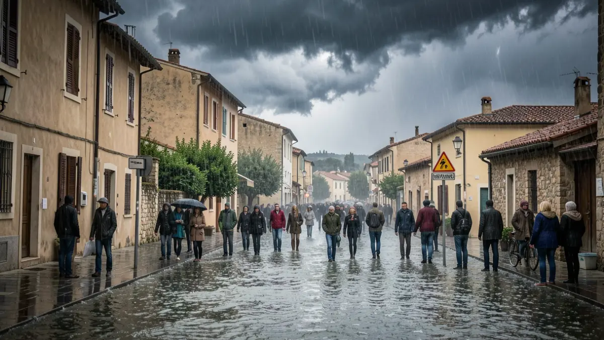 Imagen genérica de lluvia intensa y nubes de tormenta sobre un núcleo urbano mediterráneo, con acumulación de agua en las calles y una señal de advertencia.