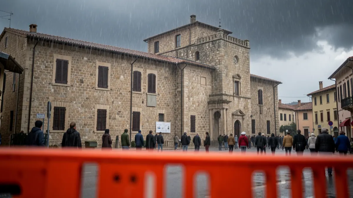 Generic image of a Mediterranean town hall facade under heavy rain with emergency barriers.