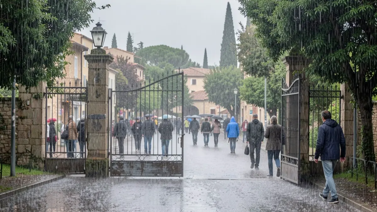 Imatge genèrica d'un parc tancat per la pluja en un poble mediterrani.