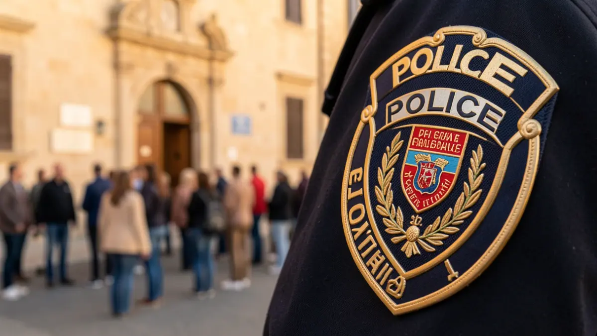 Generic image of a police badge in front of a town hall.