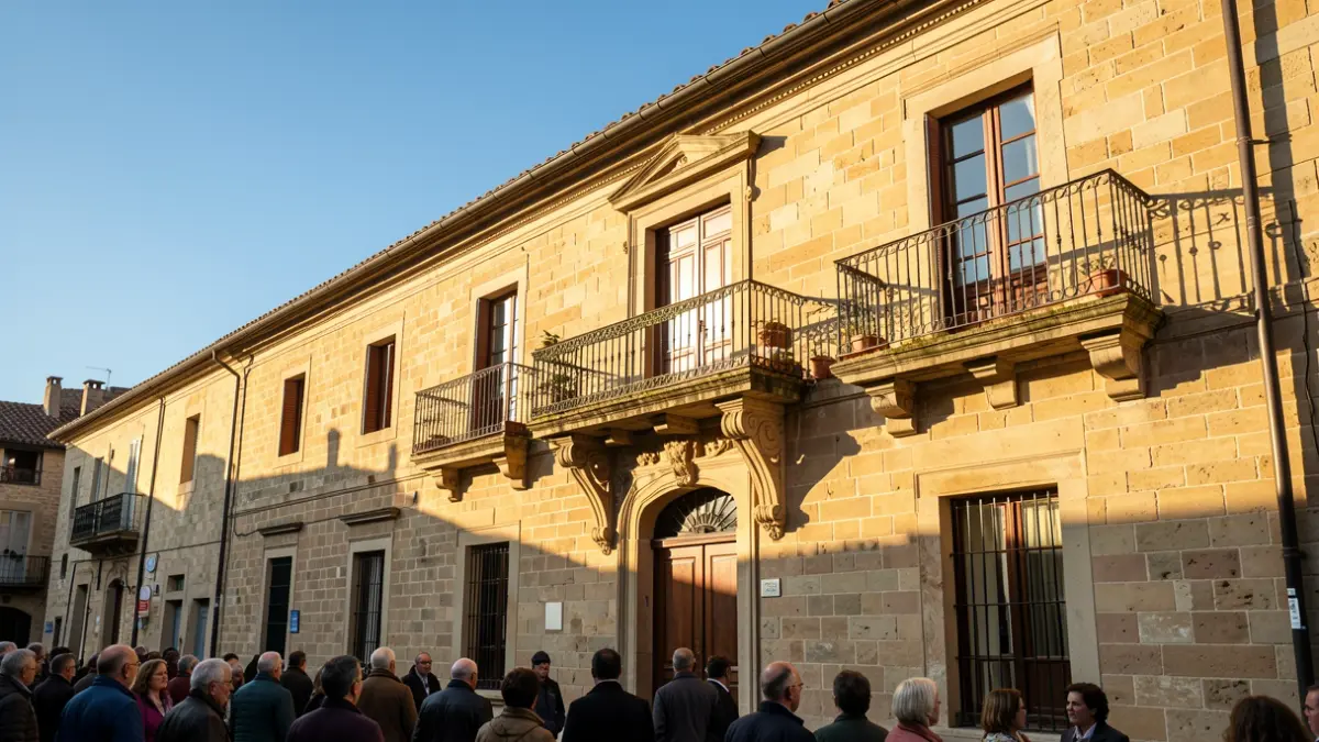 Imagen genérica de la fachada de un ayuntamiento con balcón y cielo azul.