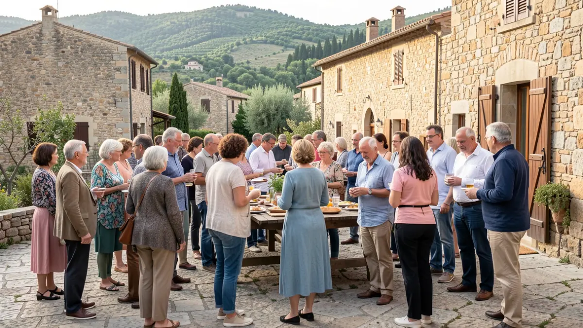 Generic image of a group of people participating in an outdoor cultural activity in a Mediterranean rural setting.