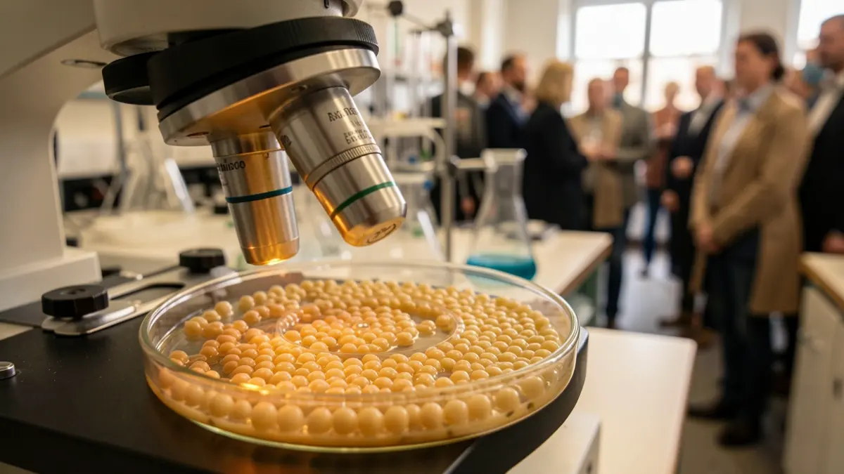 Imatge d'un microscopi i cultius de llevats en un laboratori.