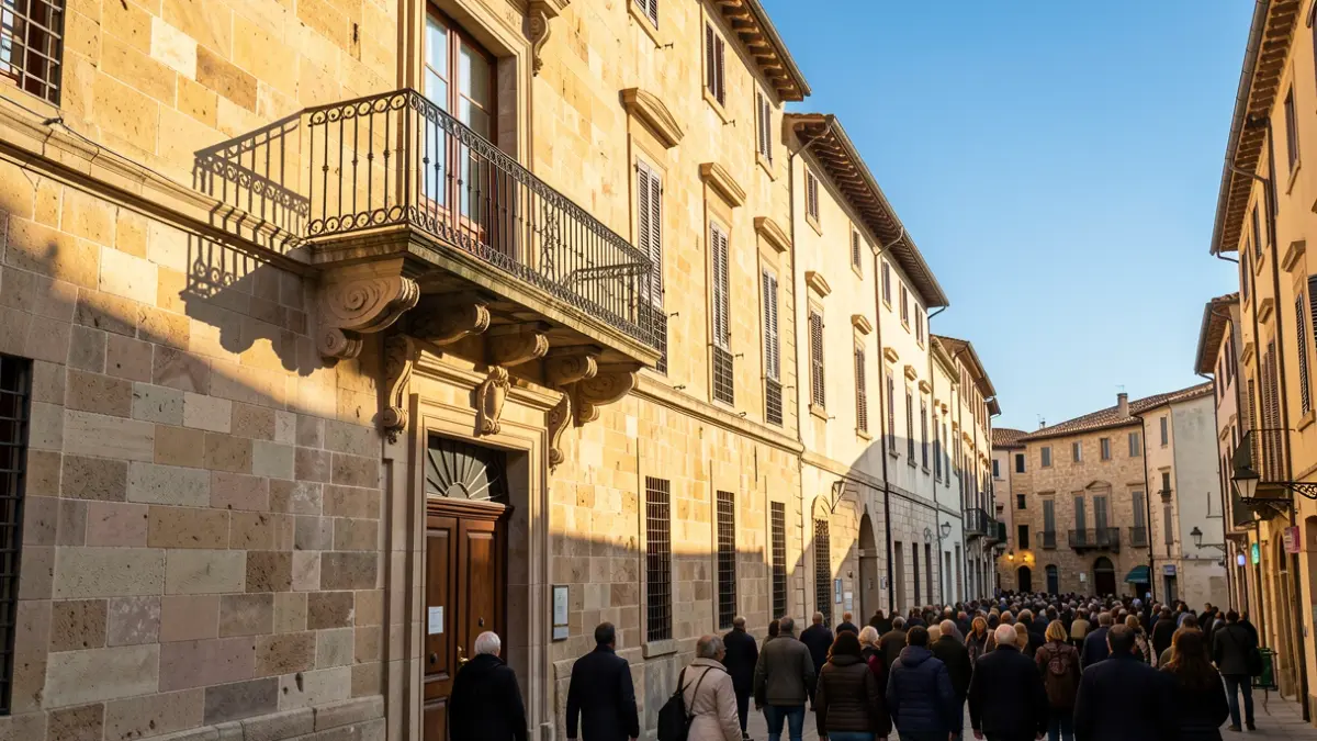 Imatge genèrica d'una façana d'ajuntament mediterrani amb balcó i baranes de ferro, sota la llum del sol de la vesprada.