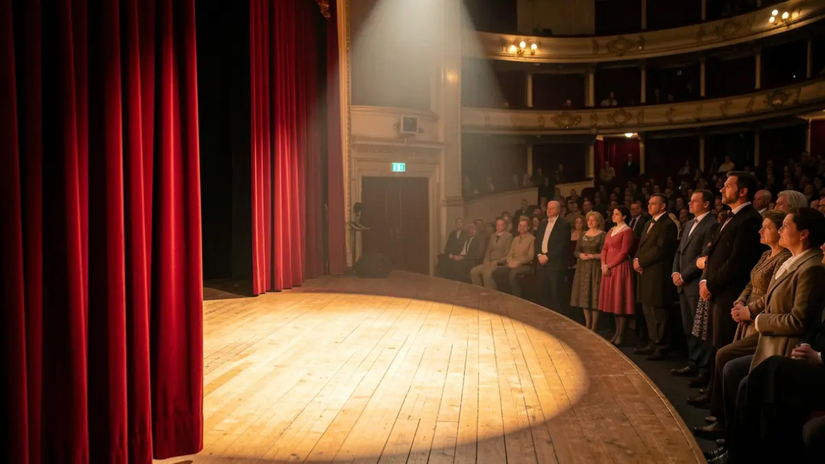 Imatge genèrica d'un escenari de teatre buit amb cortines i focus.
