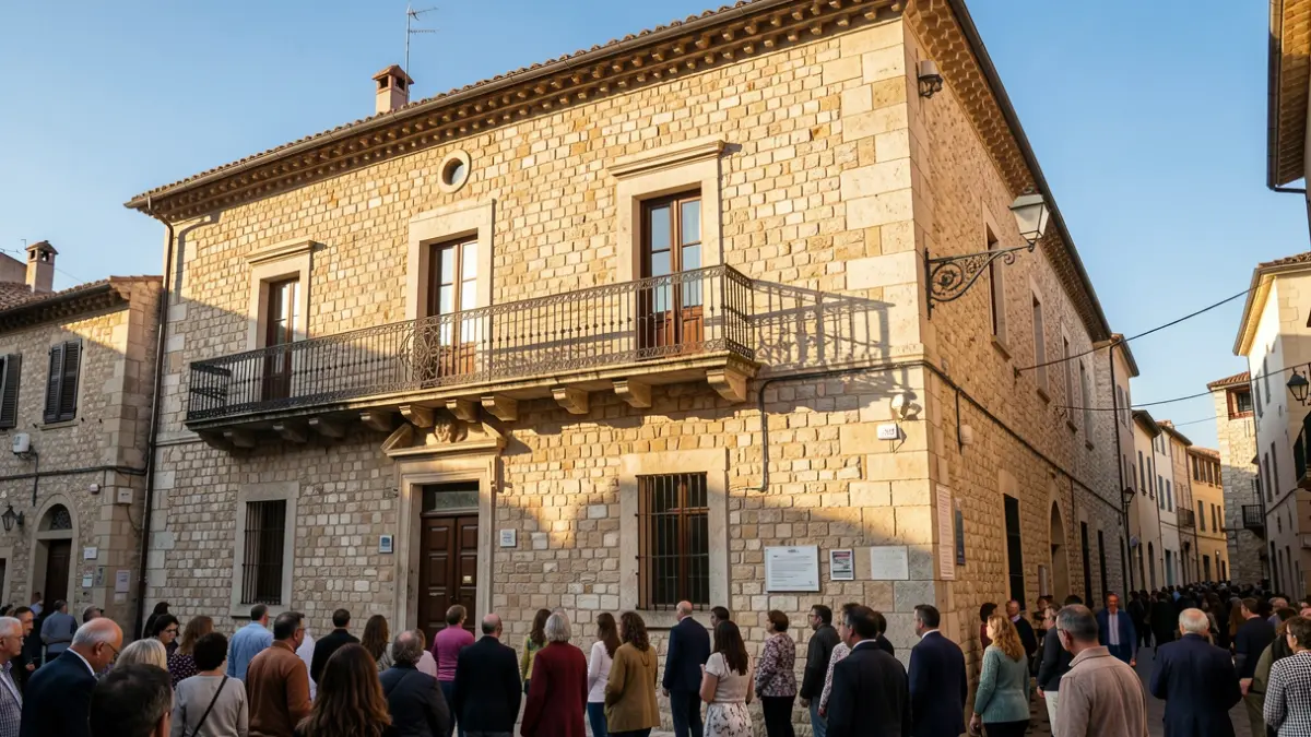 Facade of a traditional Mediterranean town hall with a balcony and iron railings, illuminated by warm afternoon light.