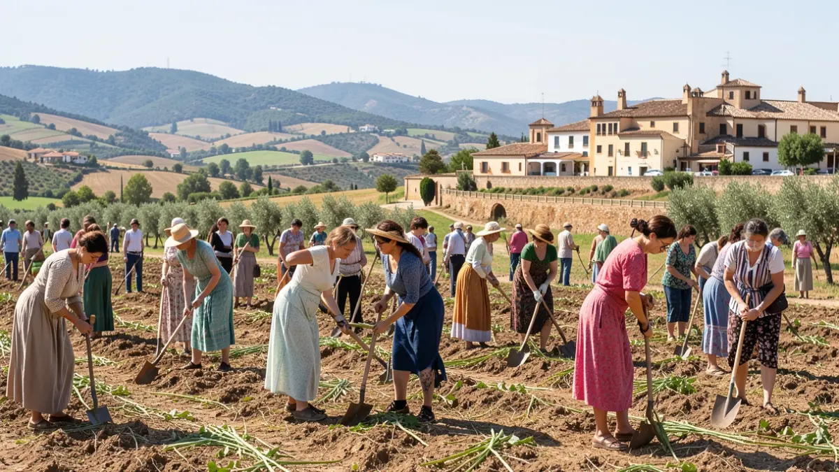 Imatge genèrica de dones treballant en un camp amb eines agrícoles, amb edificis tradicionals valencians al fons.