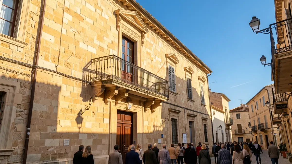 Imatge genèrica d'un edifici municipal amb balcó i baranes de ferro, il·luminat per la llum càlida de la vesprada.