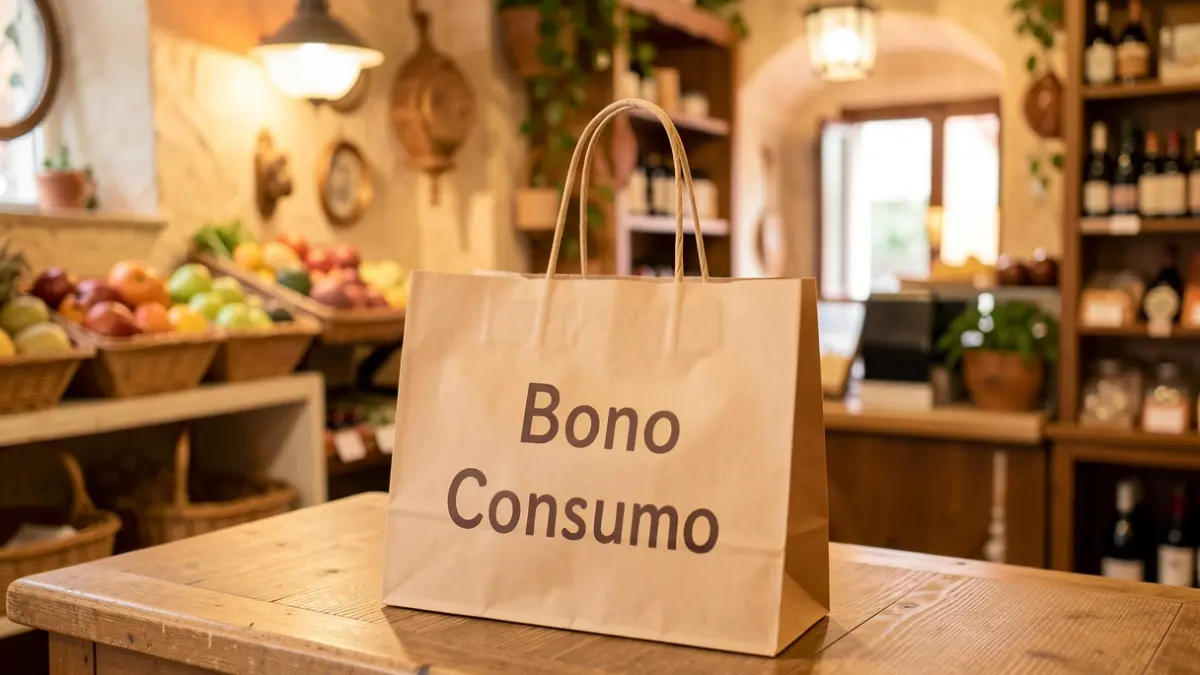 Imatge genèrica d'una bossa de compra amb un text parcialment visible sobre un taulell de comerç.