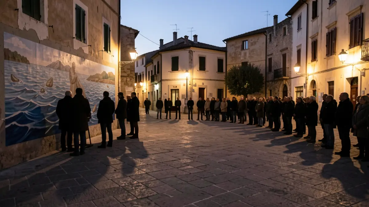 Imatge genèrica d'una plaça mediterrània al capvespre amb siluetes de persones prop d'un mural.