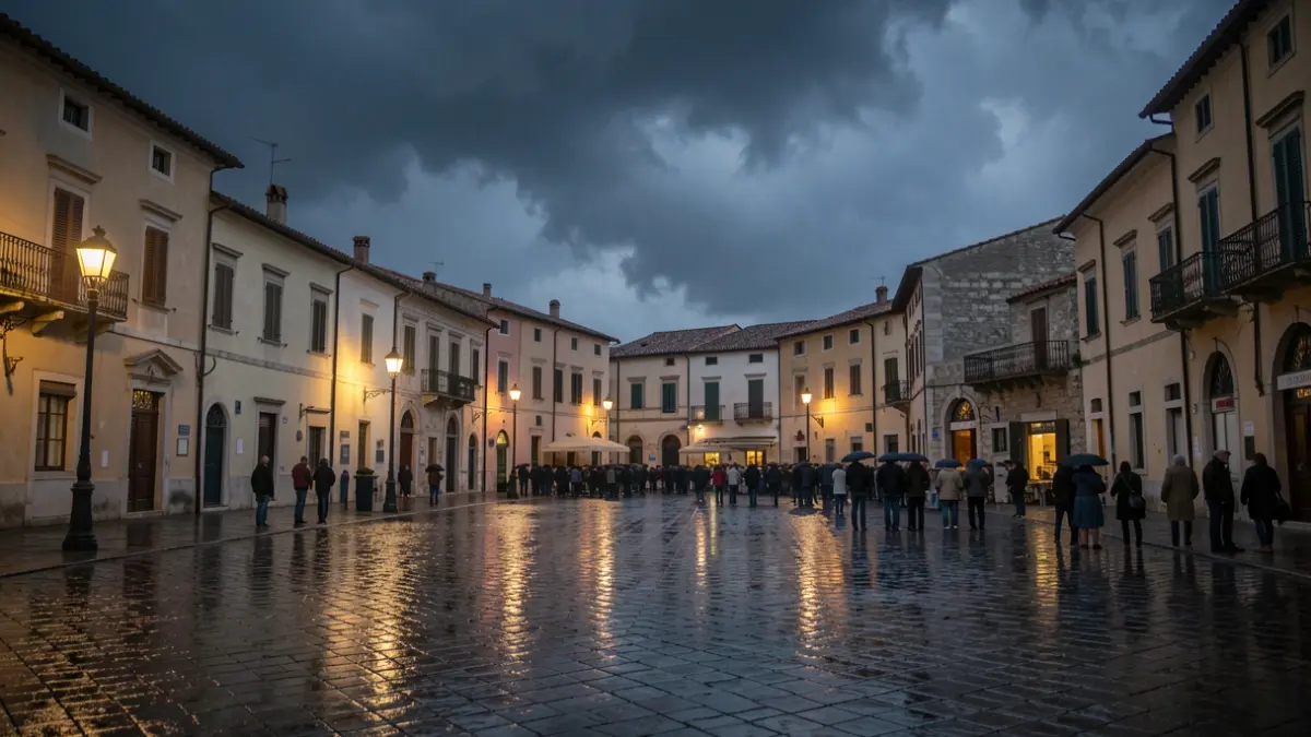 Imagen genérica de un cielo tormentoso sobre una plaza de pueblo mediterráneo mojada por la lluvia.