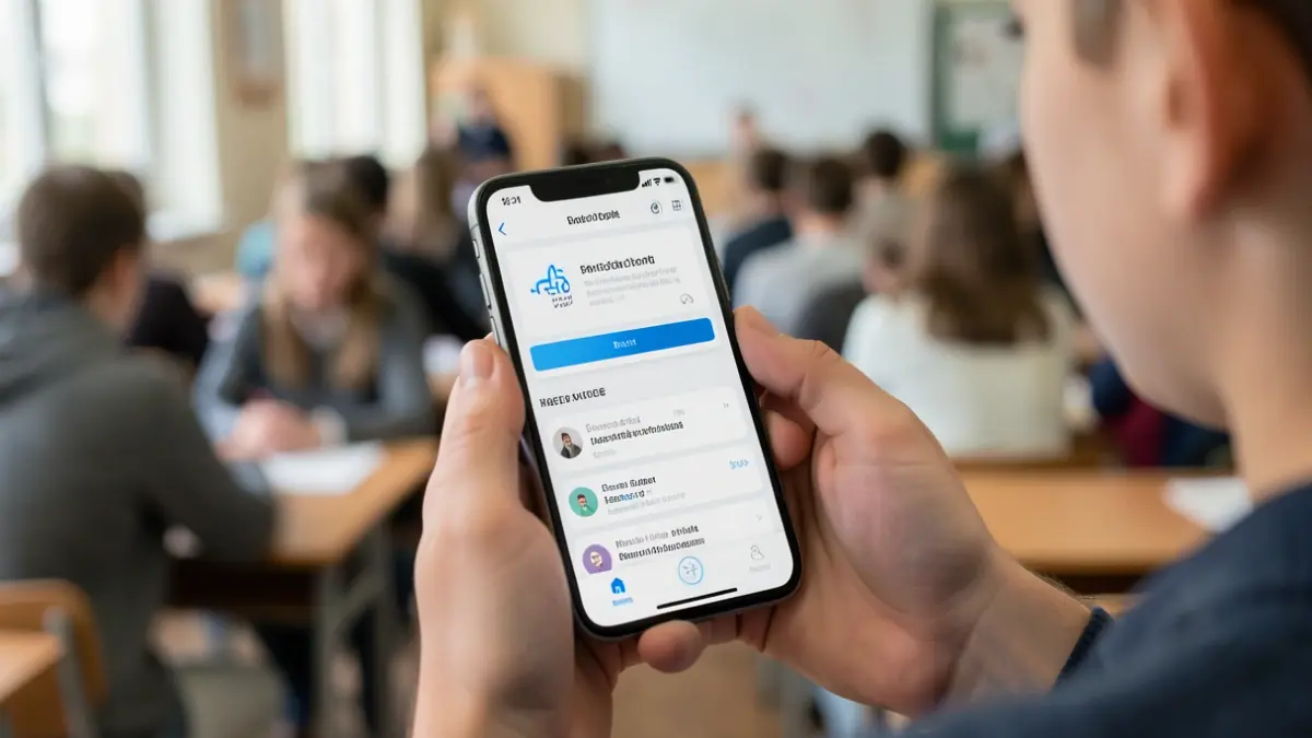 Imatge genèrica d'un telèfon mòbil amb una aplicació de salut en una aula.