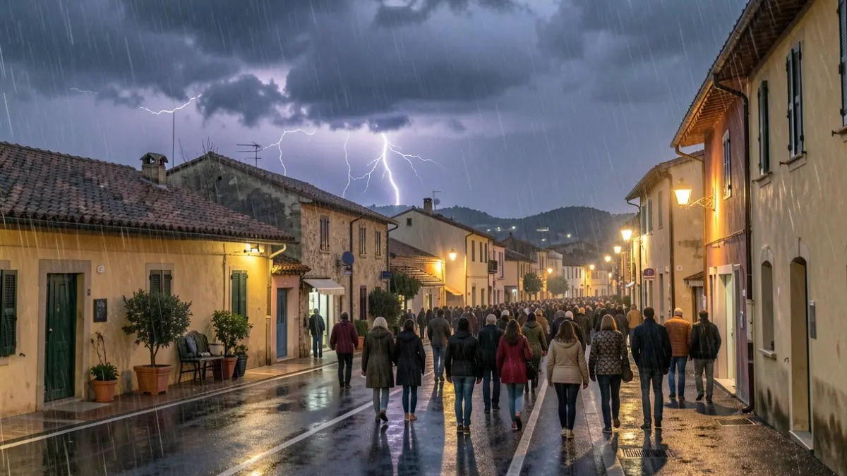 Imagen genérica de un cielo tormentoso con rayos sobre un pueblo valenciano.