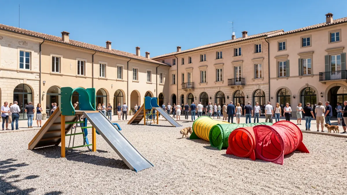 Imagen genérica de un parque canino con elementos lúdicos y arquitectura mediterránea.