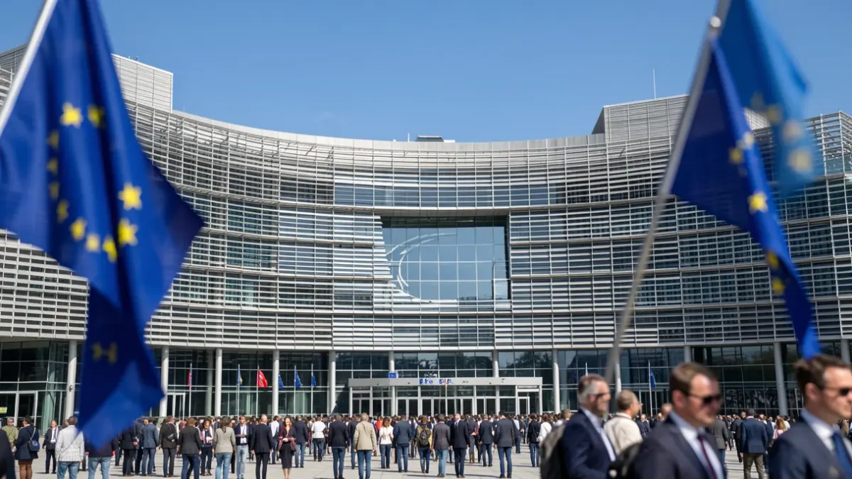 Imagen genérica de un edificio institucional europeo con banderas difuminadas.