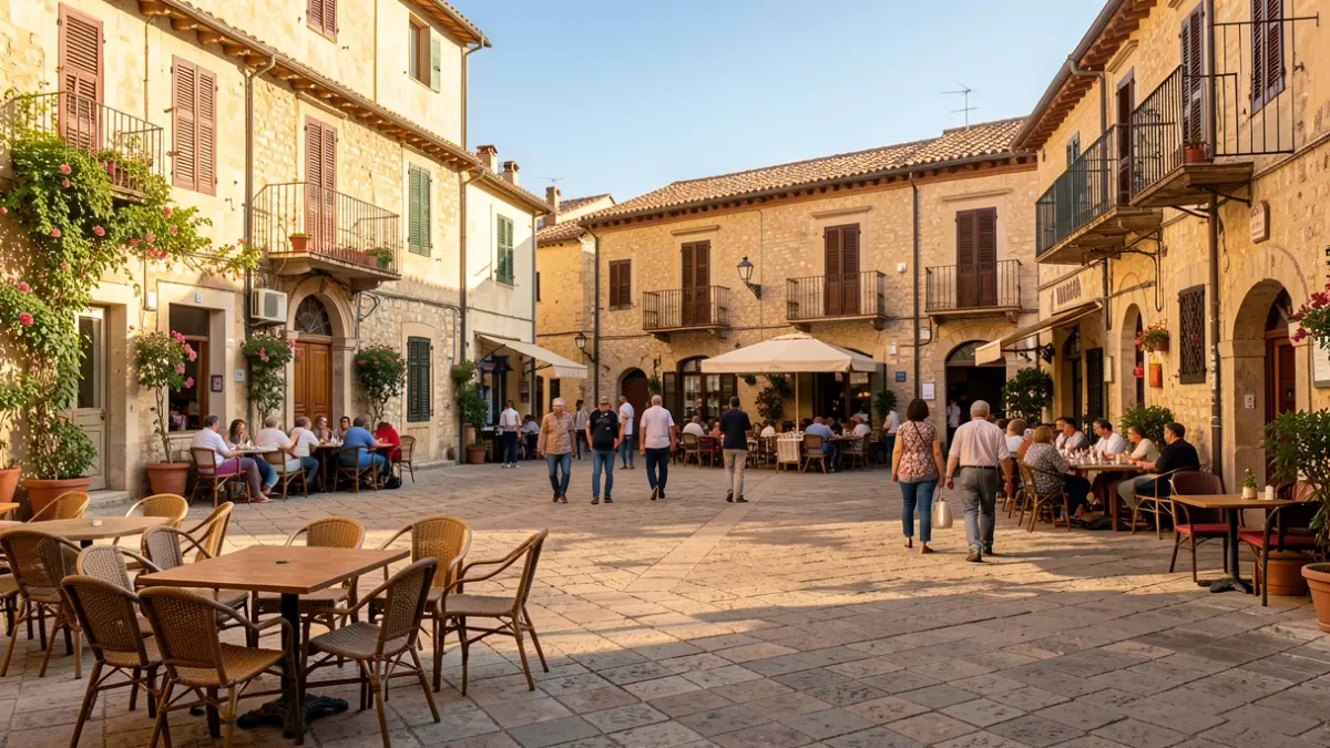 Imatge genèrica d'una plaça de poble mediterrani amb arquitectura tradicional i llum de vesprada.