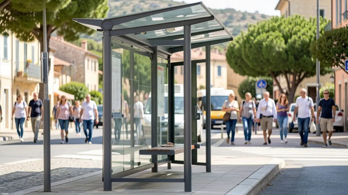 Imatge genèrica d'una parada d'autobús en un dia assolellat en un municipi mediterrani.