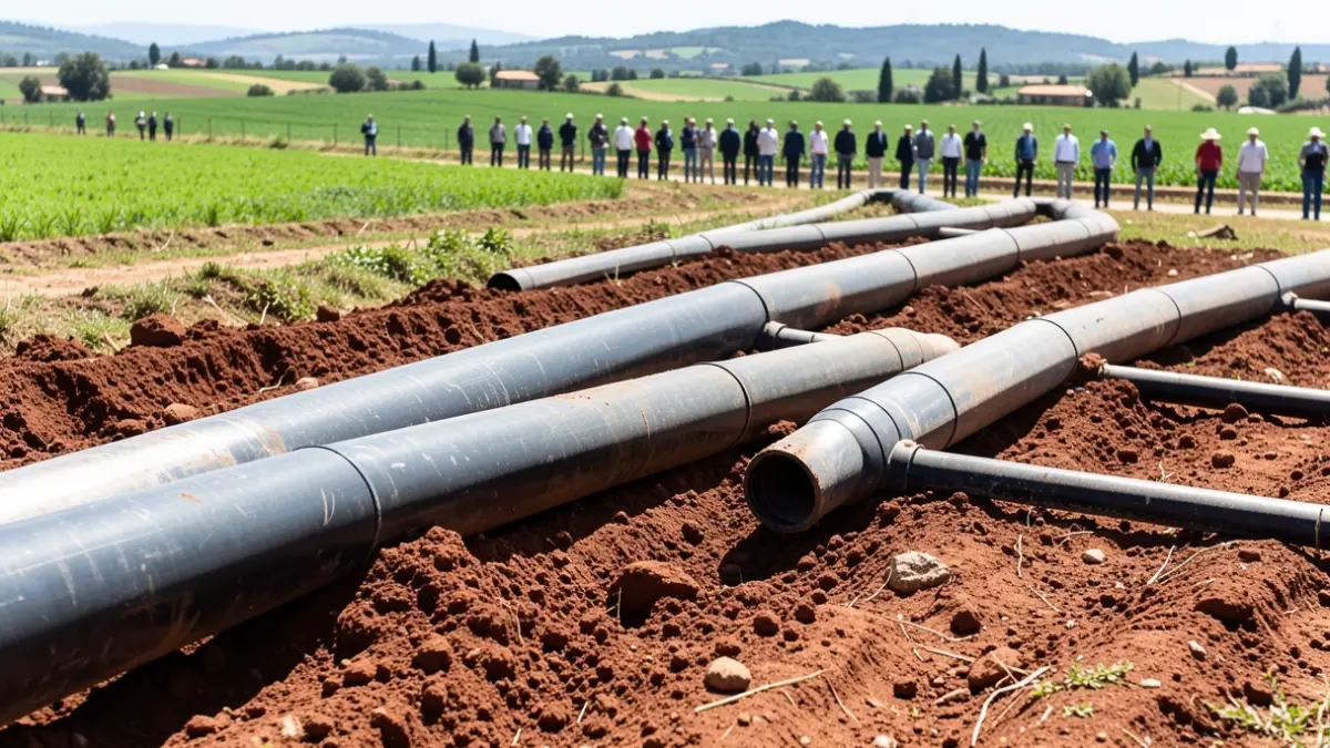 Generic image of irrigation pipes on plowed earth in a Mediterranean landscape.