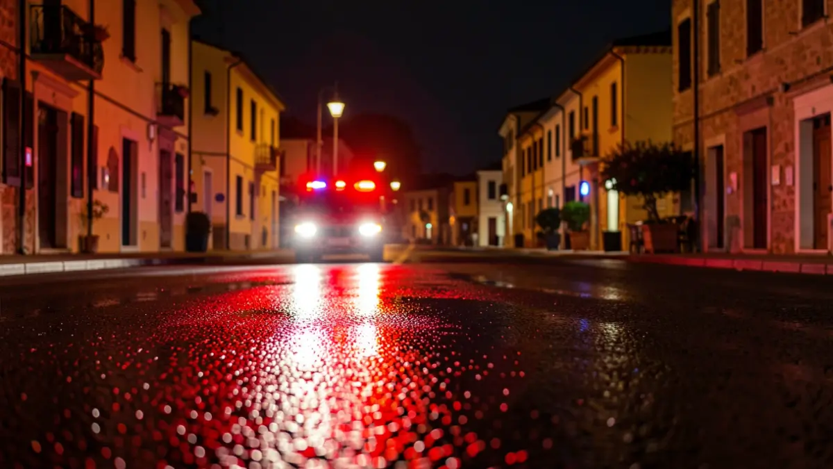 Imatge genèrica de llums d'emergència reflectint-se en asfalt mullat de nit, amb un fons urbà mediterrani.
