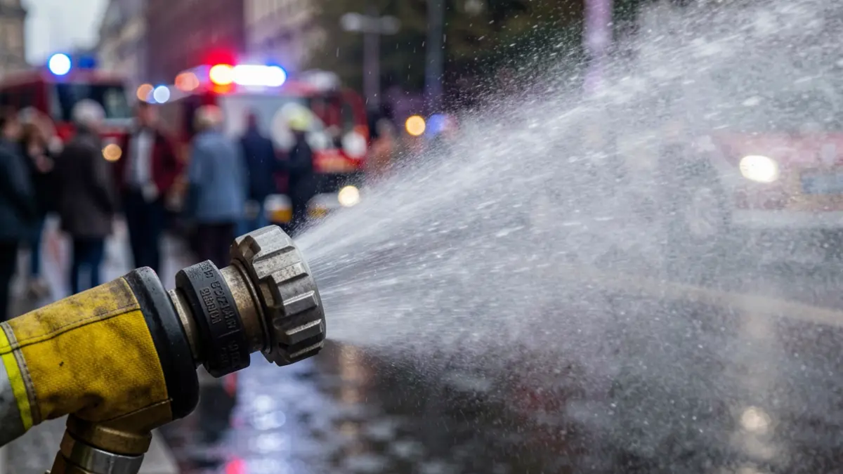 Imagen genérica de una manguera de bomberos rociando agua con luces de emergencia al fondo.