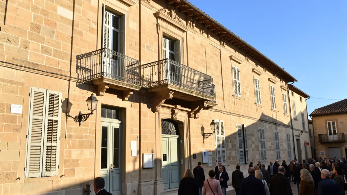 Imatge genèrica d'un edifici municipal amb balcó i baranes de ferro, il·luminat per la llum càlida de la vesprada.