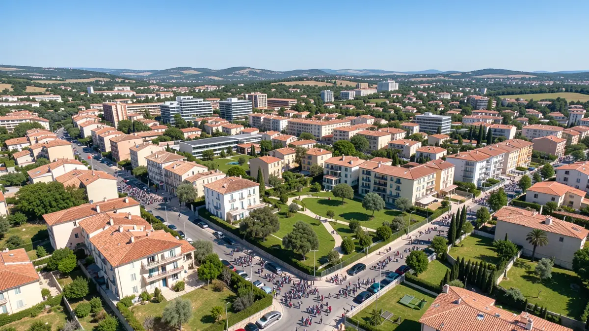 Generic image of a Mediterranean municipality with green spaces and diverse buildings.