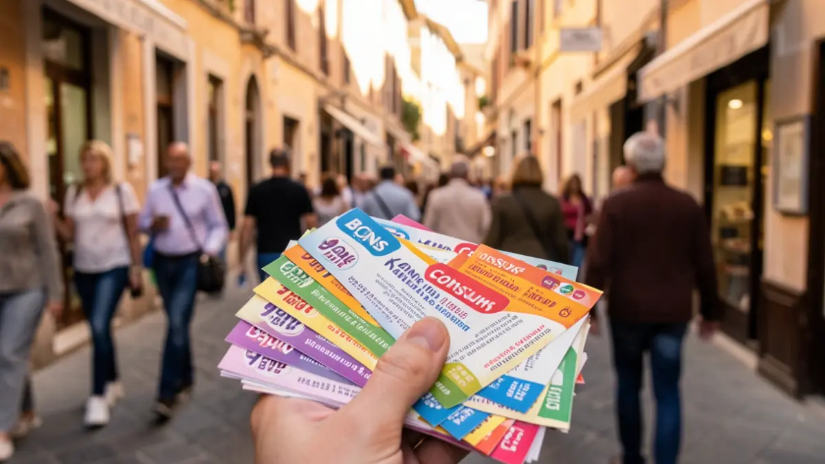 Imagen genérica de bonos de consumo en manos de una persona, con comercios al fondo.