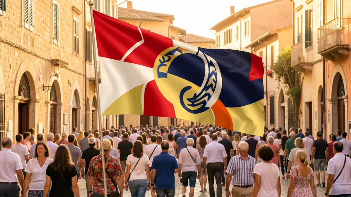 Imatge genèrica d'una proposta de bandera amb elements simbòlics sobre un fons d'arquitectura mediterrània.