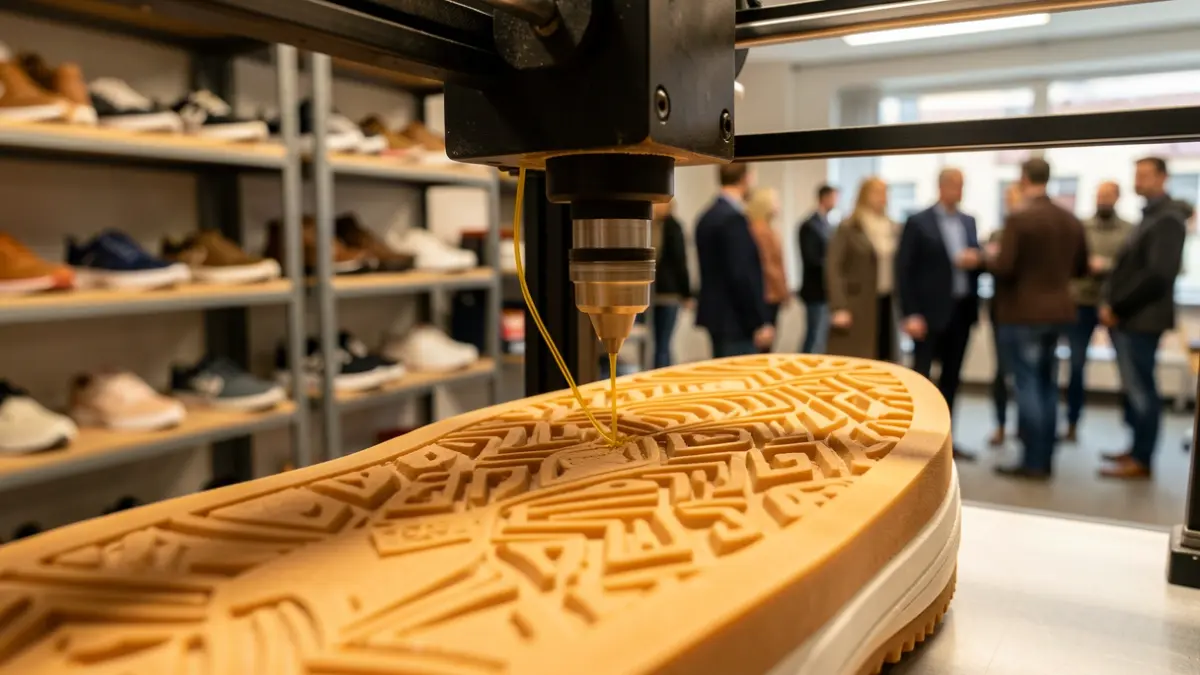 Imatge d'una impressora 3D treballant en la fabricació d'una sola de calçat.