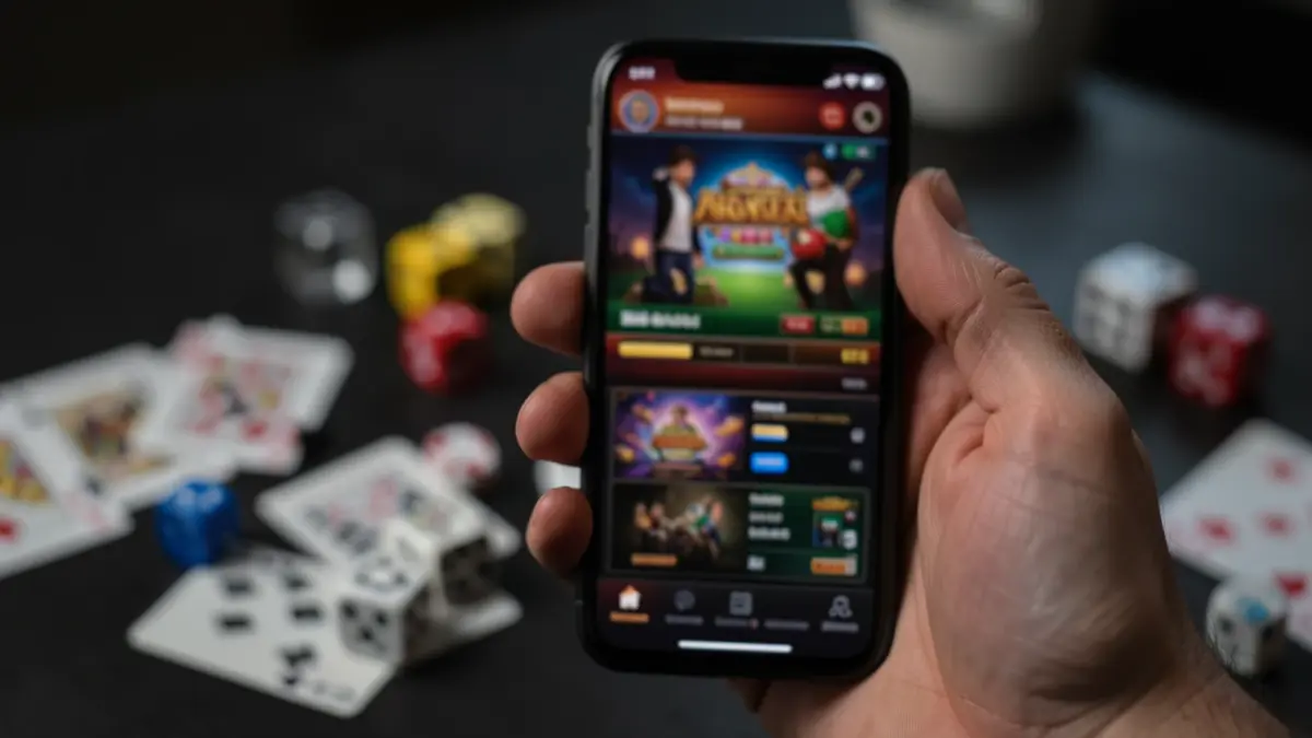 Imagen genérica de una mano sujetando un teléfono móvil con interfaces de juegos de azar difuminadas, cartas y dados esparcidos al fondo.