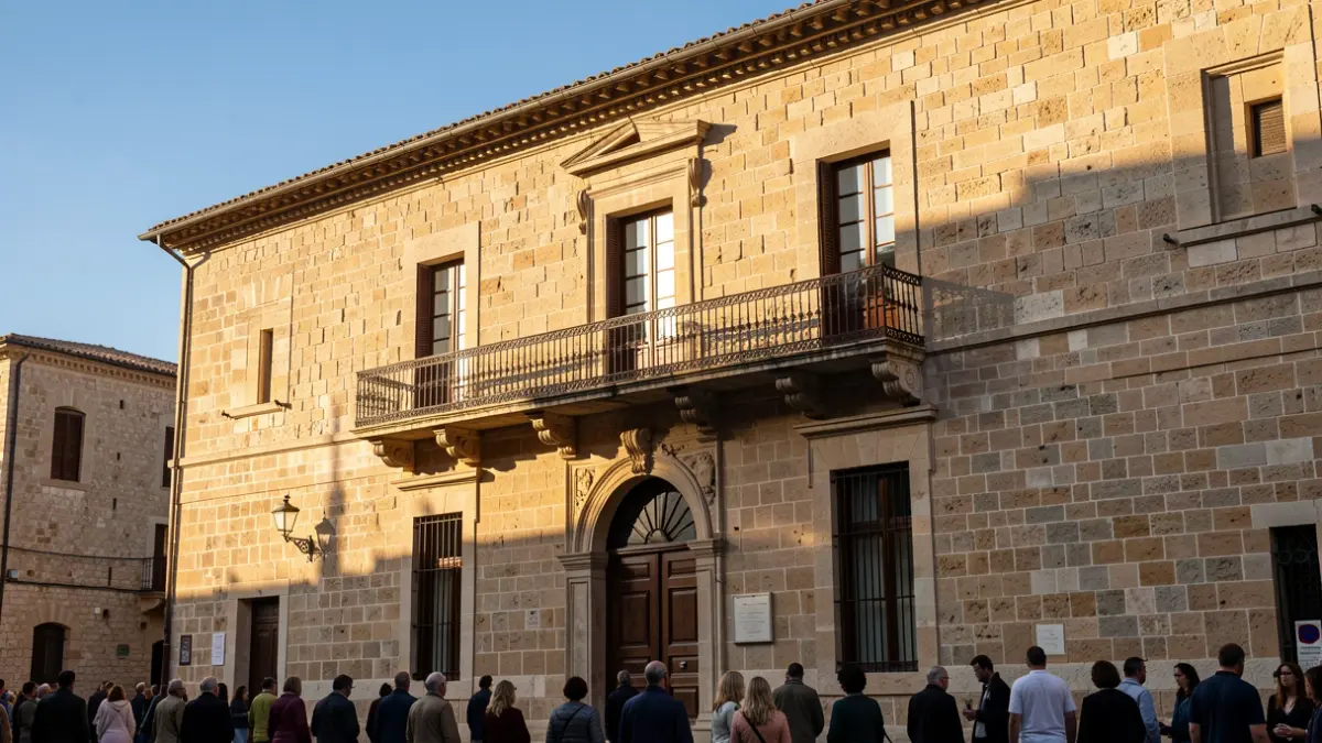 Facade of a Mediterranean town hall with a balcony and iron railings, afternoon light.