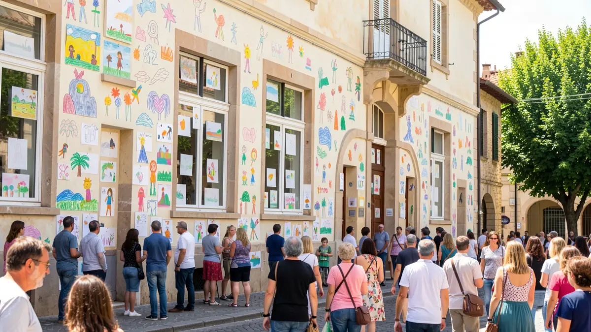 Imatge genèrica d'un edifici escolar amb dibuixos infantils a les parets i finestres, sota una llum solar brillant.