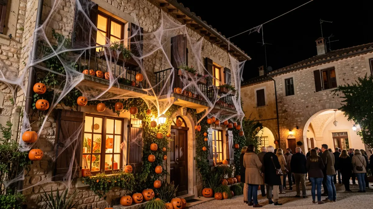 Imatge genèrica d'una casa decorada per Halloween amb elements arquitectònics mediterranis.