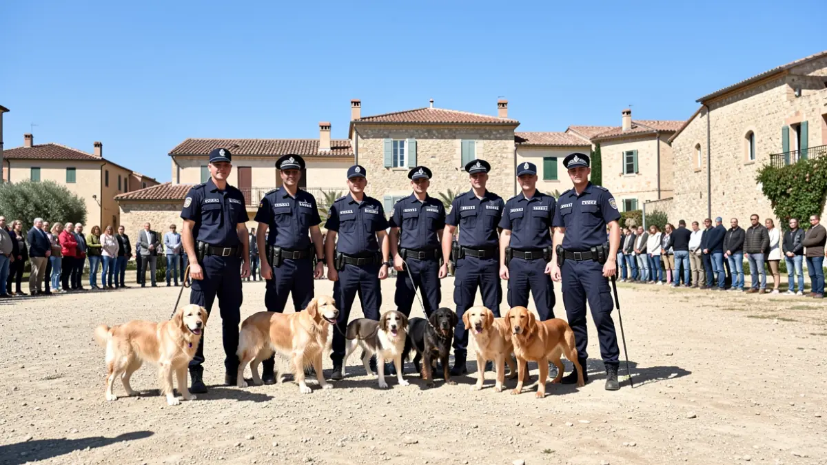 Generic image of police officers with working dogs in a training environment with Mediterranean architecture.