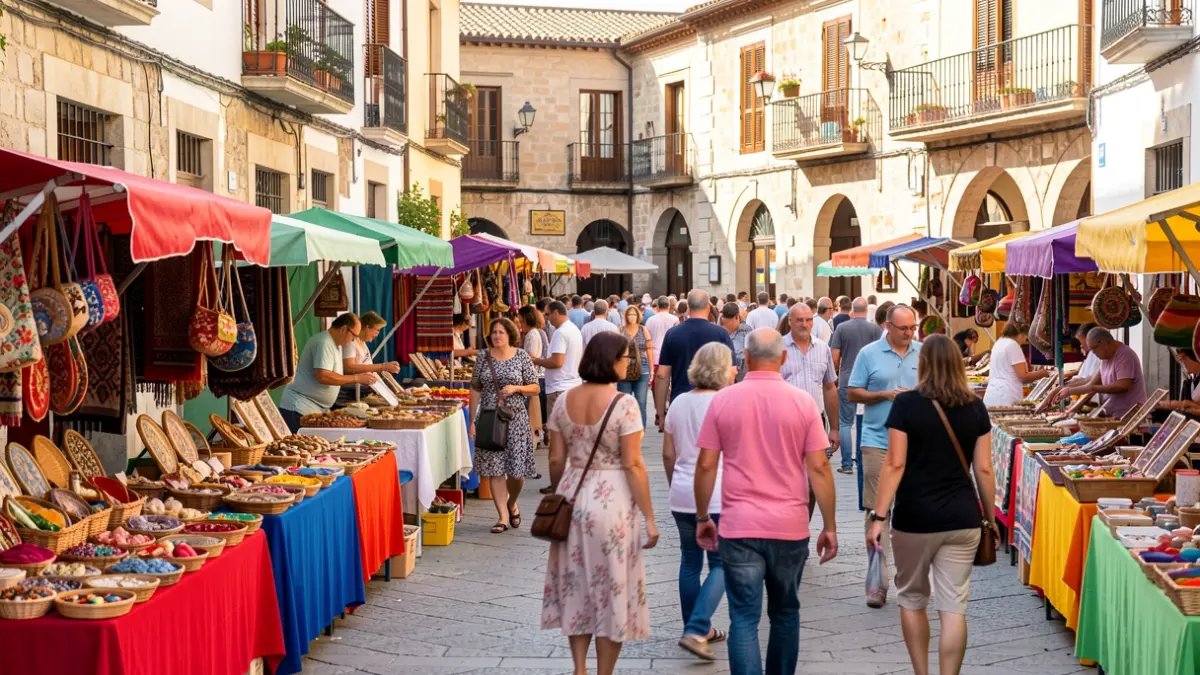 Imatge genèrica d'una plaça de poble mediterrani amb parades de gastronomia i artesania.
