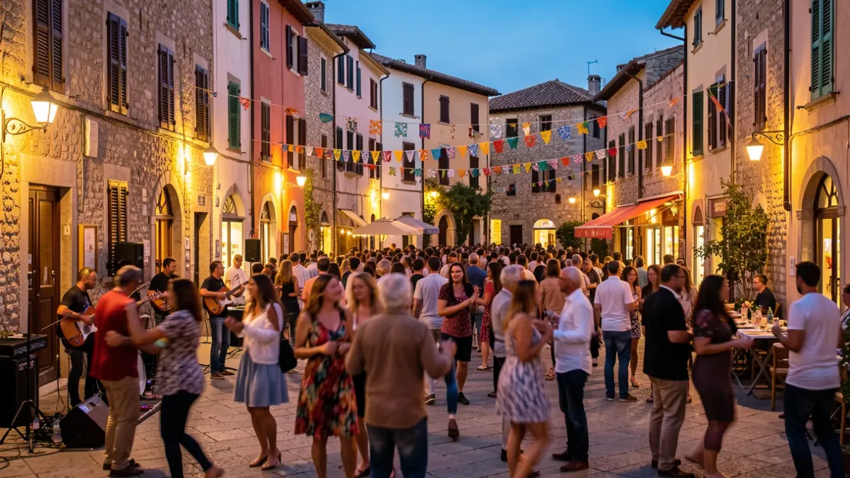 Imatge genèrica d'una plaça de ciutat mediterrània durant una celebració cultural, amb llums càlides i gent gaudint de l'ambient.