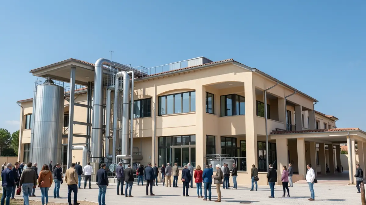 Generic image of a wastewater treatment plant with Mediterranean architectural elements.